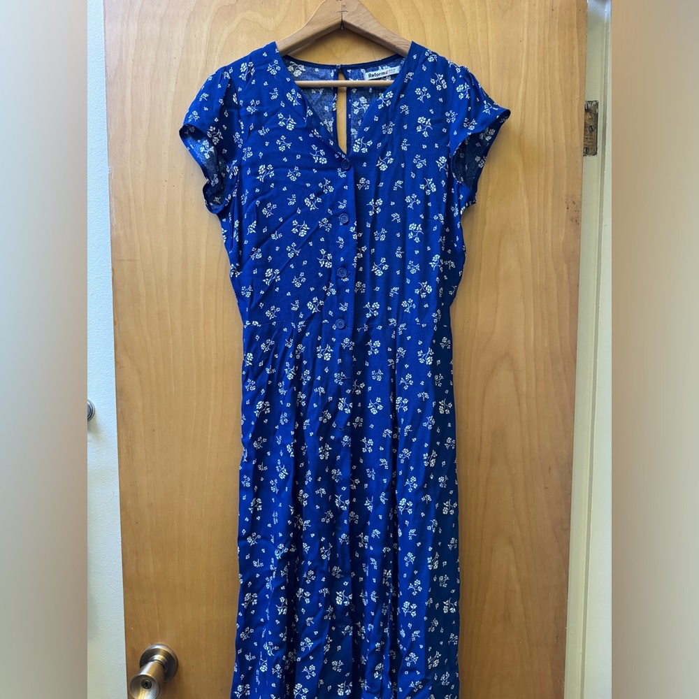 Reformation blue floral button front dress